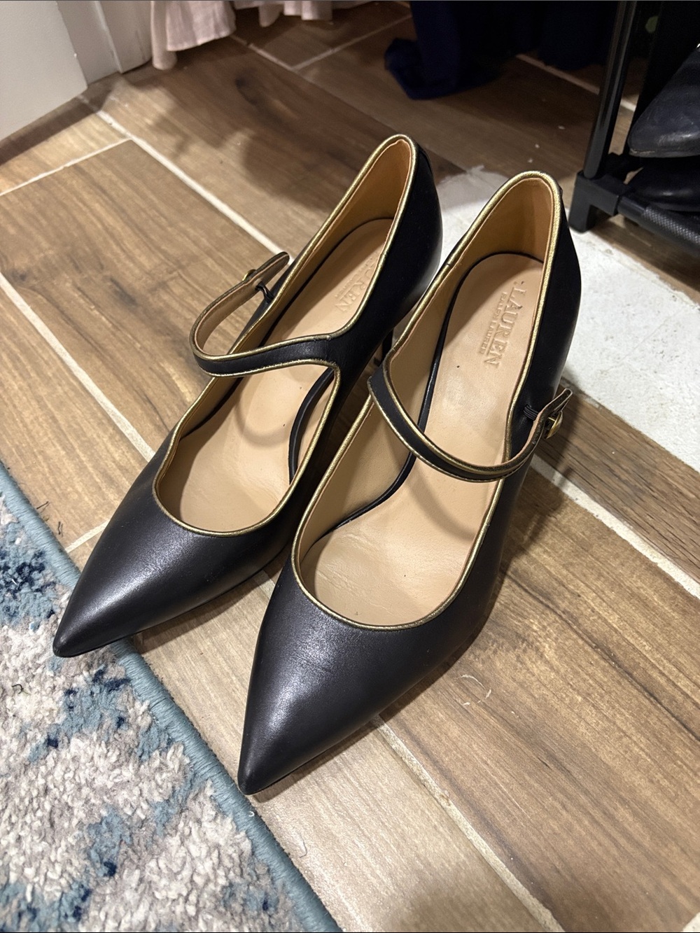 Lauren Ralph Lauren Black Pointed Mary Jane Pumps with Gold Trim